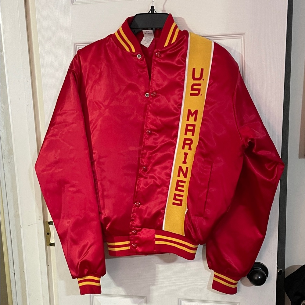 VINTAGE-Soffe Red Satin Jacket with Yellow U.S. Marines Sash. Size M
